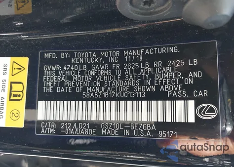 2019 Lexus Es 350 из США, поврежденный, VIN 58ABZ1B17KU013113